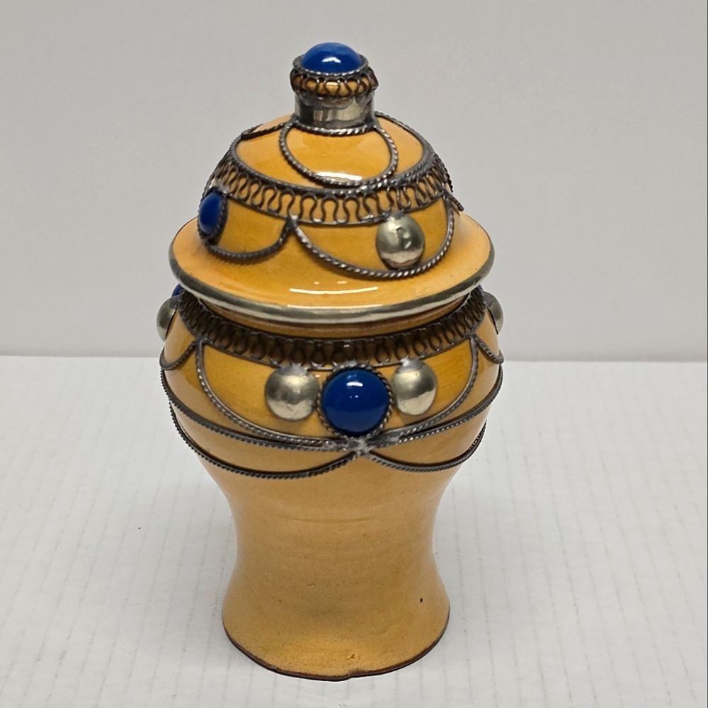 Moroccan Ceramic and Silver Metal Filigree Decorative Yellow Ginger Jar Vintage